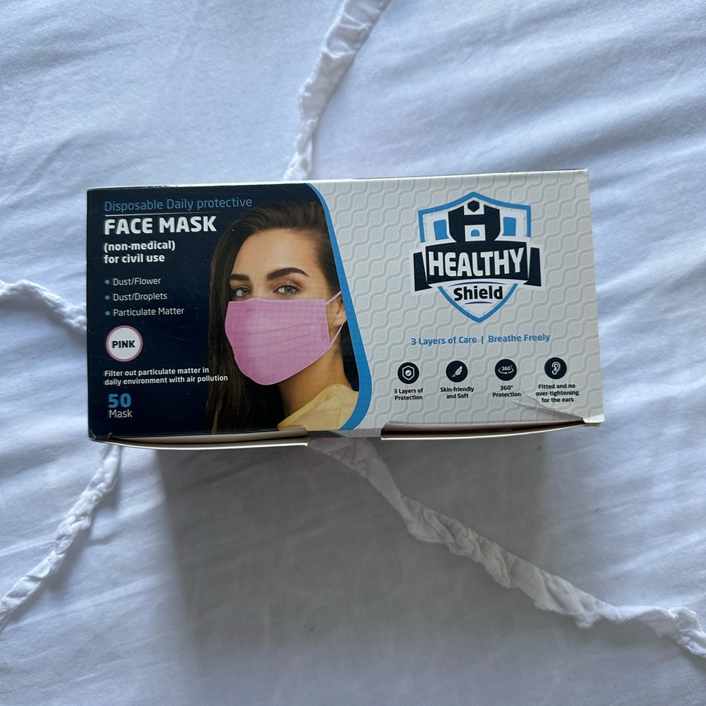 box of 50 count Healthy Shield Pink Face Masks
